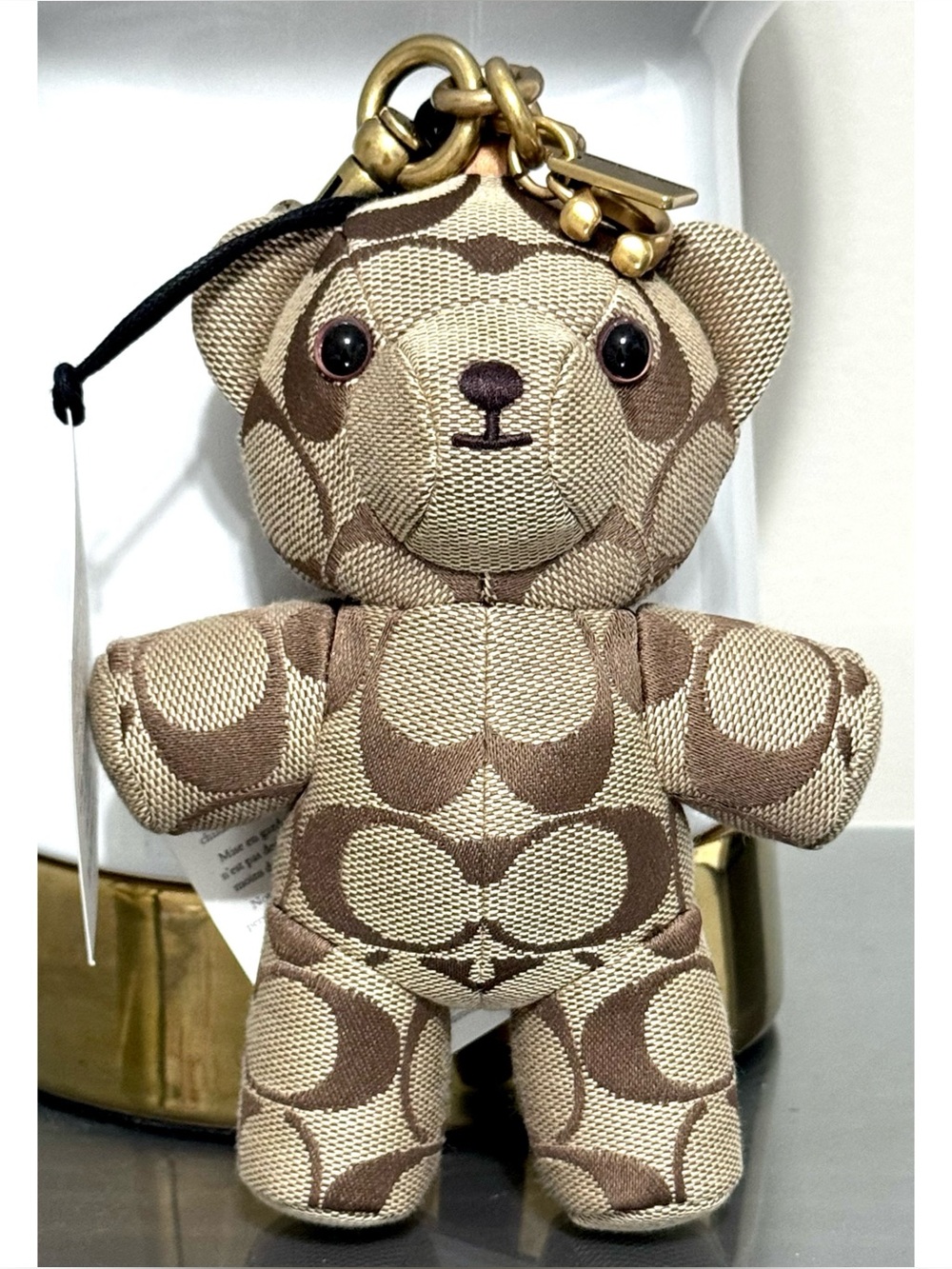 COACH Bear Bag Charm In Signature Jacquard, BRASS/TAN